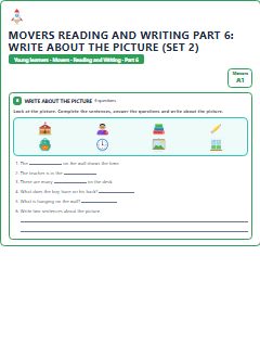 First page of Movers Reading and Writing Part 6: Write about the Picture (Set 2), A1 exam practice