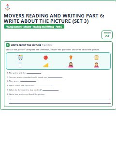 First page of Movers Reading and Writing Part 6: Write about the Picture (Set 3), A1 exam practice