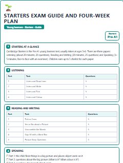 First page of Starters Exam Guide and Four-week Plan, Pre-A1 guide