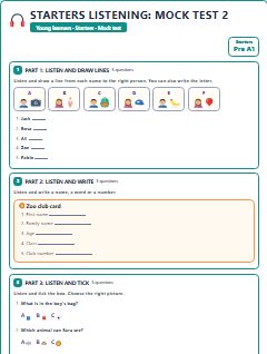 First page of Starters Listening: Mock Test 2, Pre-A1 exam practice