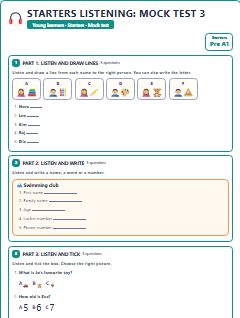 First page of Starters Listening: Mock Test 3, Pre-A1 exam practice