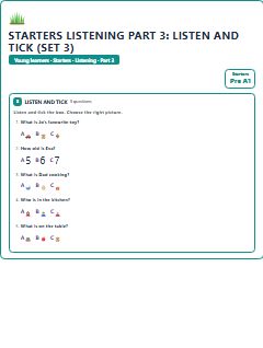 First page of Starters Listening Part 3: Listen and Tick (Set 3), Pre-A1 exam practice
