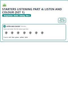 First page of Starters Listening Part 4: Listen and Colour (Set 1), Pre-A1 exam practice