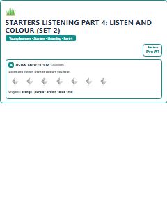 First page of Starters Listening Part 4: Listen and Colour (Set 2), Pre-A1 exam practice