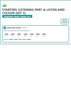 First page of Starters Listening Part 4: Listen and Colour (Set 3), Pre-A1 exam practice