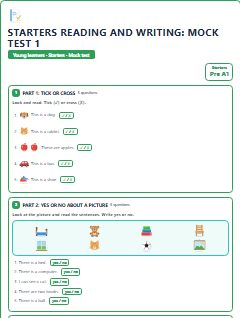 First page of Starters Reading and Writing: Mock Test 1, Pre-A1 exam practice