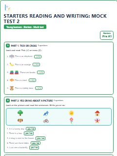 First page of Starters Reading and Writing: Mock Test 2, Pre-A1 exam practice