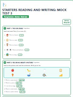 First page of Starters Reading and Writing: Mock Test 3, Pre-A1 exam practice