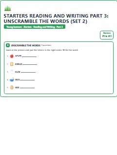First page of Starters Reading and Writing Part 3: Unscramble the Words (Set 2), Pre-A1 exam practice
