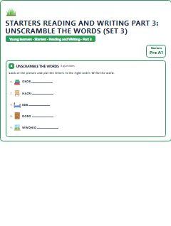 First page of Starters Reading and Writing Part 3: Unscramble the Words (Set 3), Pre-A1 exam practice