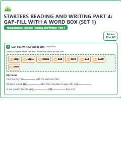 First page of Starters Reading and Writing Part 4: Gap-fill with a Word Box (Set 1), Pre-A1 exam practice