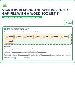First page of Starters Reading and Writing Part 4: Gap-fill with a Word Box (Set 2), Pre-A1 exam practice