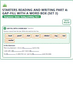 First page of Starters Reading and Writing Part 4: Gap-fill with a Word Box (Set 3), Pre-A1 exam practice