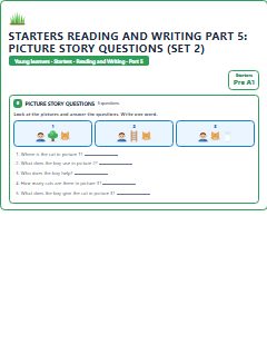 First page of Starters Reading and Writing Part 5: Picture Story Questions (Set 2), Pre-A1 exam practice