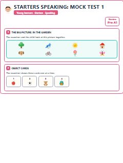 First page of Starters Speaking: Mock Test 1, Pre-A1 exam practice